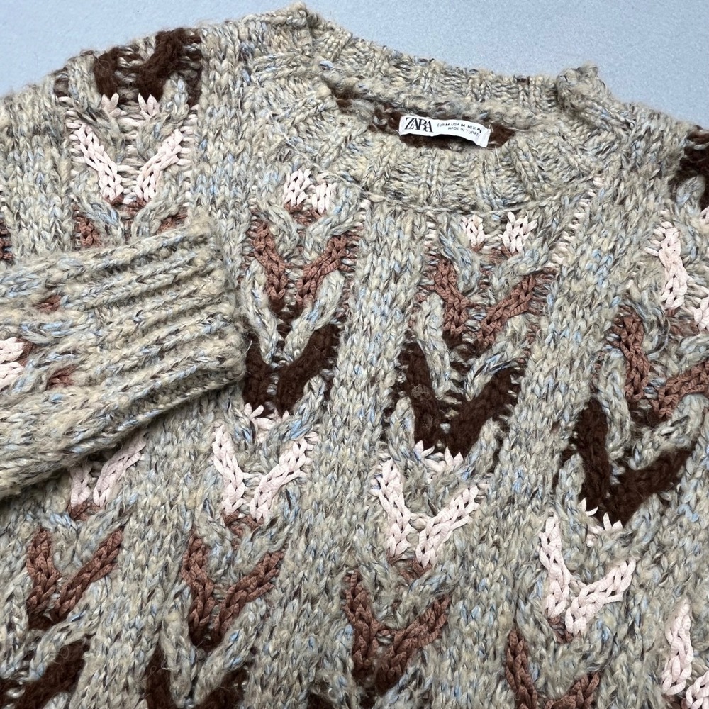 ZARA Sweater Cooji‎ Style 3D knit Wool Tunic Fishsherman Multi Brown Chunky Med